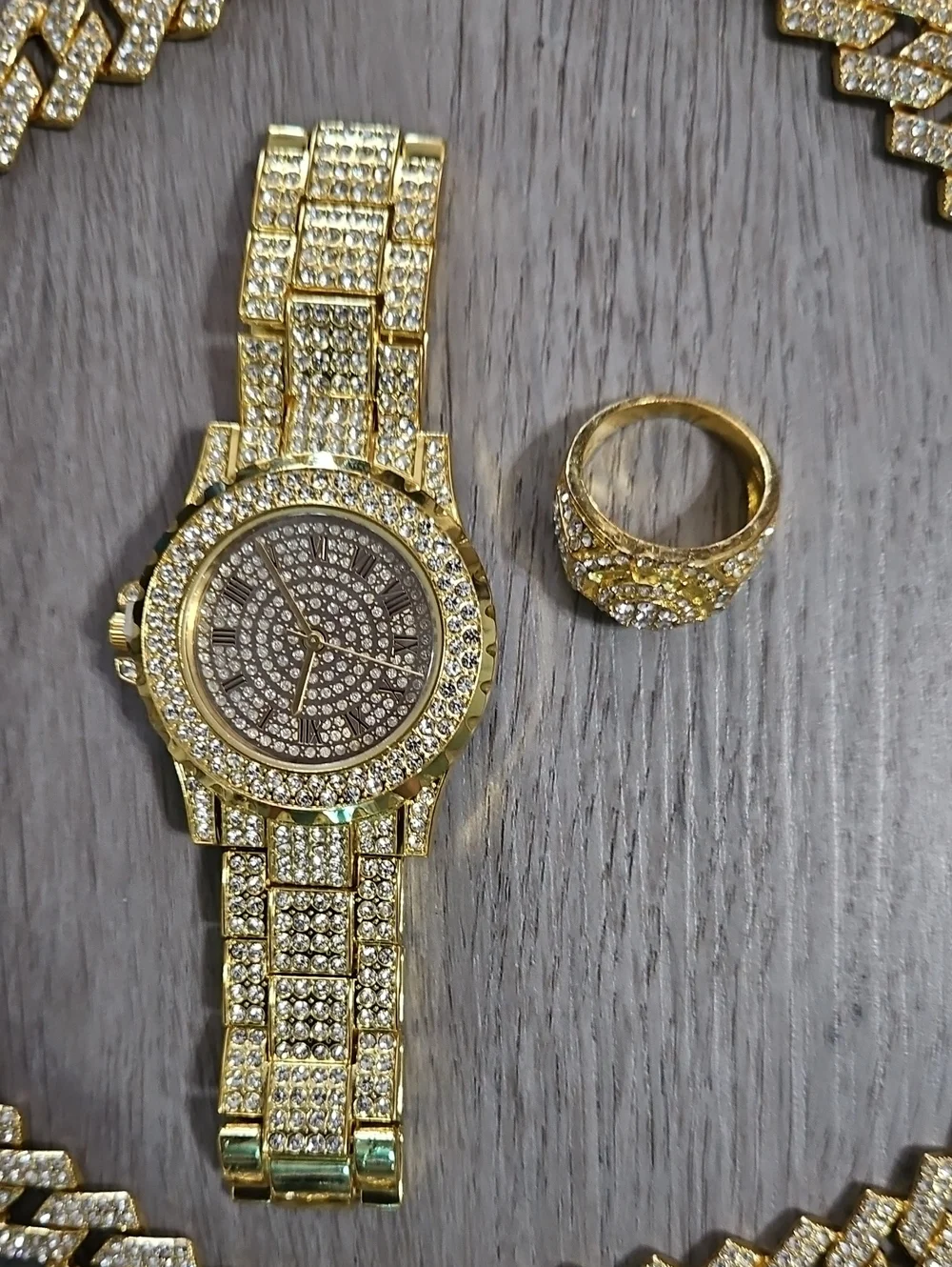 Gold-Tone Men Pave Cuban Link Necklace, Bracelet, Watch & Ring Set
